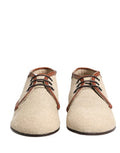 Beige Canvas Lace-Up Men Dress Derby Shoes With Leather Trim