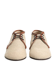 Beige Canvas Lace-Up Men Dress Derby Shoes With Leather Trim