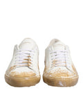 Men's White Leather Paint Effect Low Top Sneakers Shoes
