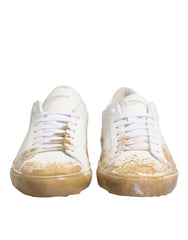 Men's White Leather Paint Effect Low Top Sneakers Shoes