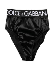 Black Satin High-Waist Brief Logo Women Underwear Acetate Elastane Nylon Clothing
