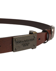 Brown Leather Logo Metal Buckle Men Belt Calf