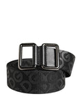 Men's Black Logo Monogram Silver Metal Buckle Belt Polyester Calf Leather