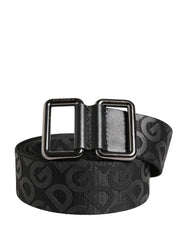 Men's Black Logo Monogram Silver Metal Buckle Belt Polyester Calf Leather
