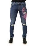 Men's Blue Distressed Graffiti Print Skinny Jeans Cotton Elastane Clothing