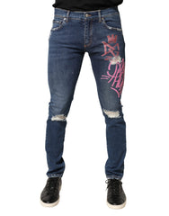 Men's Blue Distressed Graffiti Print Skinny Jeans Cotton Elastane Clothing