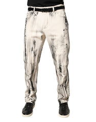 Men's White Distressed Paint Print Loosedenim Jeans Cotton Clothing