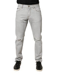 Men's Light Gray Ripped Cotton Regular Denim Jeans Clothing
