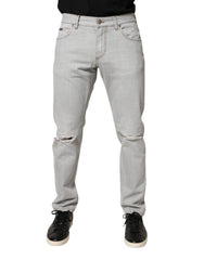 Men's Light Gray Ripped Cotton Regular Denim Jeans Clothing