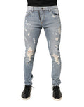 Light Blue Distressed Skinny Men Denim Jeans Cotton Elastane Clothing