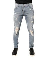 Light Blue Distressed Skinny Men Denim Jeans Cotton Elastane Clothing