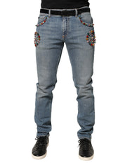 Blue Embellished Loose Cotton Men Denim Jeans Elastane Clothing