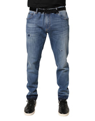 Men's Blue Tattered Skinny Cotton Denim Jeans Elastane Clothing
