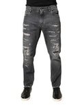 Men's Dark Gray Tattered Cotton Loose Denim Jeans Clothing