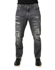 Men's Dark Gray Tattered Cotton Loose Denim Jeans Clothing