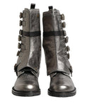 Men's Metallic Silver Combat Biker Mid Calf Boots Shoes Leather