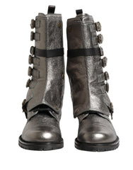 Men's Metallic Silver Combat Biker Mid Calf Boots Shoes Leather