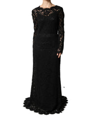 Women's Black Lace Long Sleeves Cotton Maxi Dress Nylon Viscose