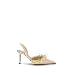 Women's Pearl-Embellished Silk Slingback Heel Beige Leather Lining