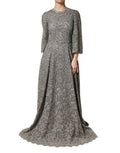 Women's Gray Lace Long Sleeves Cotton Maxi Dress