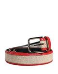 Men Beige Red Woven Leather Metal Buckle Belt Linen Calf