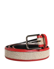 Men Beige Red Woven Leather Metal Buckle Belt Linen Calf