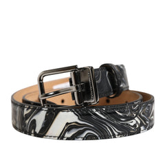 Men Black Marble Leather Metal Buckle Belt Calf