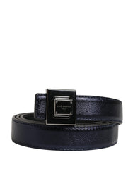 Men Black Classic Leather Square Buckle Belt Calf