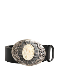 Men's Black Calf Leather Ornate Metal Buckle Belt