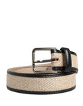 Men Beige Woven Leather Metal Buckle Belt Linen Calf