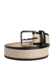 Men Beige Woven Leather Metal Buckle Belt Linen Calf