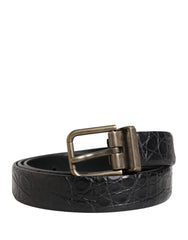 Men Black Exotic Leather Metal Buckle Belt Caiman