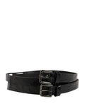 Men's Black Double Strap Leather Silver Buckle Belt Caiman