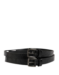 Men's Black Double Strap Leather Silver Buckle Belt Caiman