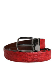 Men Red Exotic Leather Metal Buckle Belt Caiman