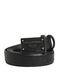 Men Black Calf Leather Logo Metal Buckle Belt Caiman