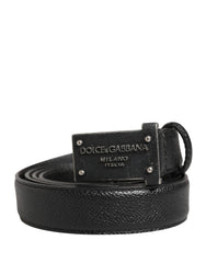 Men Black Calf Leather Logo Metal Buckle Belt Caiman