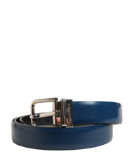 Men Blue Classic Leather Metal Buckle Belt Calf
