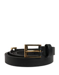 Men Black Leather Classic Metal Buckle Belt Calf