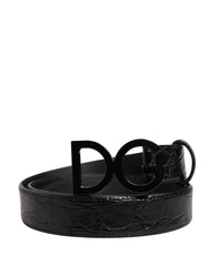 Men Black Exotic Leather Logo Buckle Belt Caiman