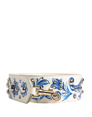 Women's White Blue Floral Leather Stud Accessory Shoulder Strap Calf