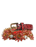 Women's Red Leather Daisy Crystal Embellished Waist Belt Cristal Real Brass Ayers