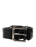 Women's Black Exotic Leather Silver Metal Buckle Belt Eel Caiman Moluro Python