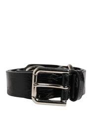 Women's Black Exotic Leather Silver Metal Buckle Belt Eel Caiman Moluro Python