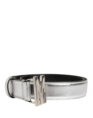 Women's Silver Leather Logo Metal Buckle Waist Belt Genuine