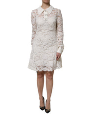 Women's White Floral Lace Viscose Collared Mini Dress