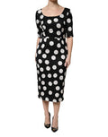 Women's Black White Polka Dot Silk Sheath Midi Dress And Elastane