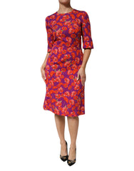 Women's Purple Silk Floral Print Midi Sheath Dress