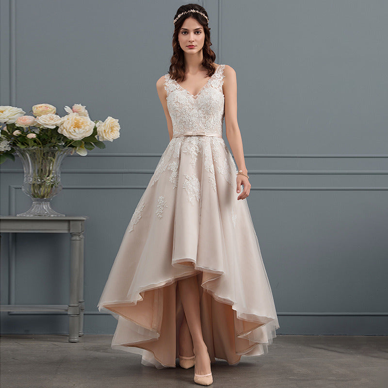 Bridal Wedding Dress Pink Sleeveless Asymmetrical V-Neck A-line
