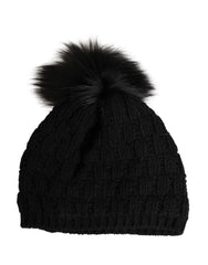 Women's Black Acrylic Knitted Fur Winter Beanie Elastane Wool Accessory